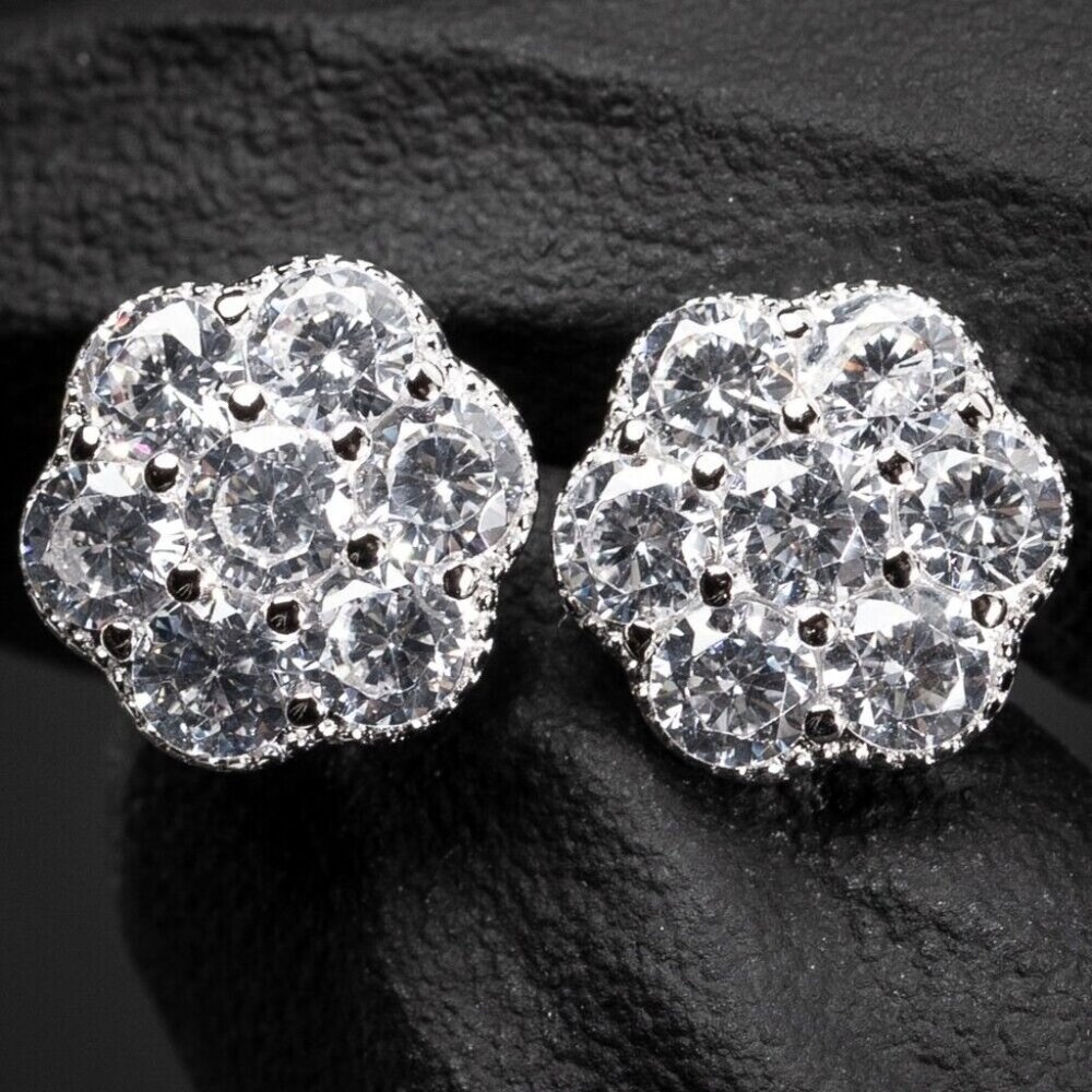 Flower Cluster Brilliant Iced Cz White Gold 925 Sterling Silver Stud Earrings